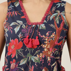 Kimayra Cotton Calf Length Printed Sleeveless V-Neck Straight Kurta