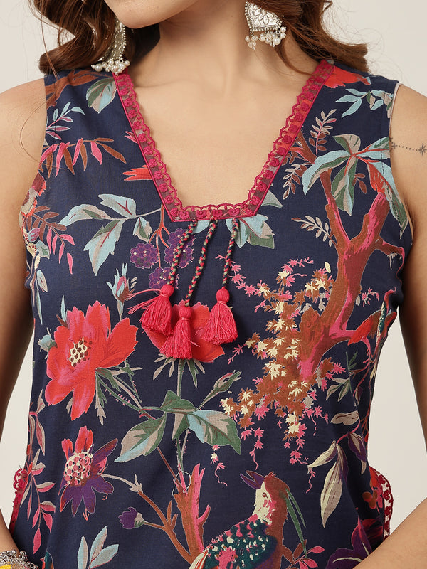 Kimayra Cotton Calf Length Printed Sleeveless V-Neck Straight Kurta