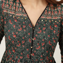Kimayra Cotton Calf Length Printed 3/4 Sleeves V-Neck Anarkali Kurta