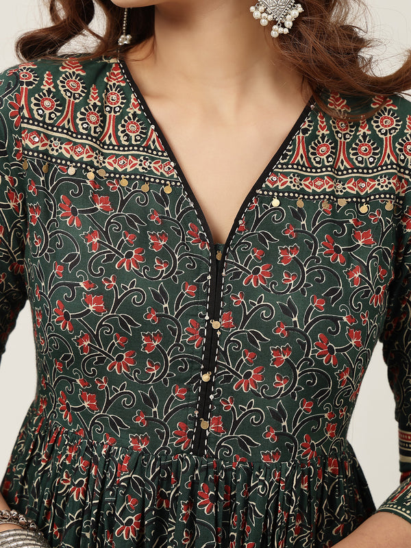 Kimayra Cotton Calf Length Printed 3/4 Sleeves V-Neck Anarkali Kurta