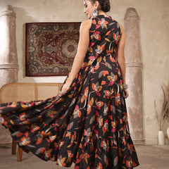 Kimayra Cotton Calf Length Printed Sleeveless Key Hole Neck Flared Kurta