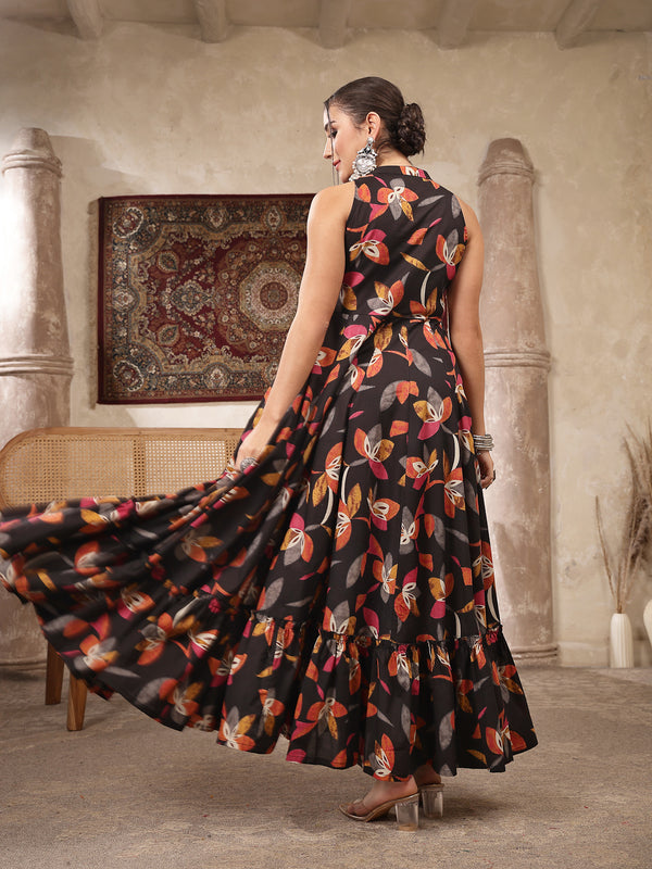 Kimayra Cotton Calf Length Printed Sleeveless Key Hole Neck Flared Kurta
