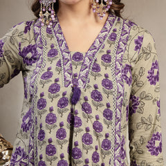 Kimayra Cotton Calf Length Printed 3/4 Sleeve V-Neck A-Line Kurta Suit Set