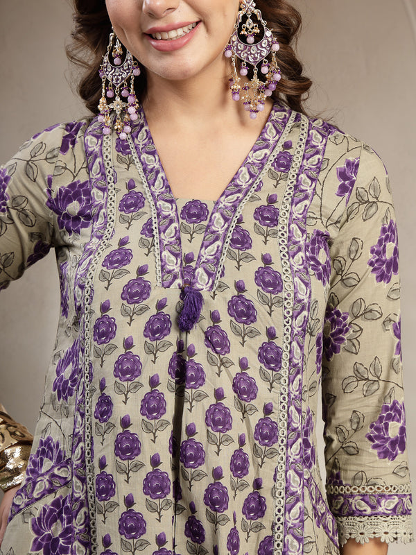 Kimayra Cotton Calf Length Printed 3/4 Sleeve V-Neck A-Line Kurta Suit Set