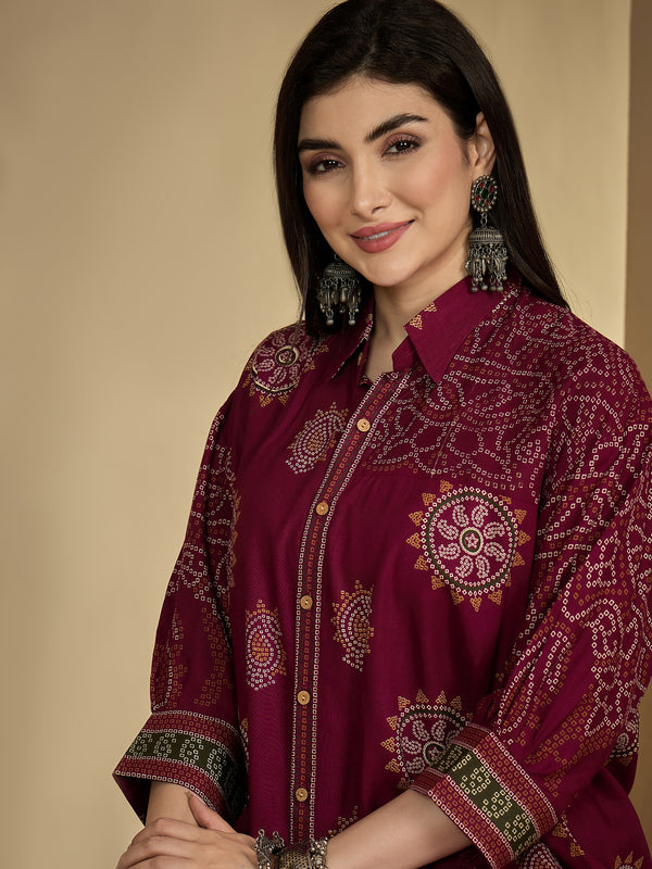 Kimayra Rayon Hip Length Printed 3/4 Sleeve Shirt Collar Flared Top