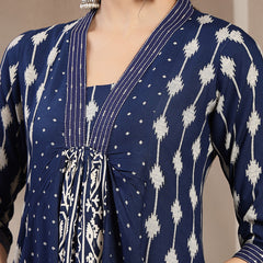 Kimayra Rayon Calf Length Printed 3/4 Sleeve V-Neck Flared Kurta Suit Set