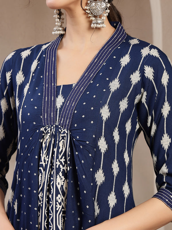 Kimayra Rayon Calf Length Printed 3/4 Sleeve V-Neck Flared Kurta Suit Set