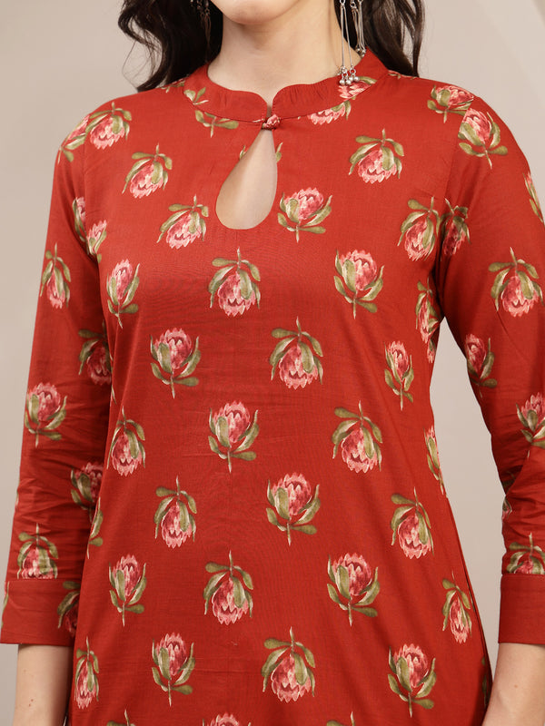 Kimayra Rayon Calf Length Printed 3/4 Sleeve Key Hole Neck Straight Kurta
