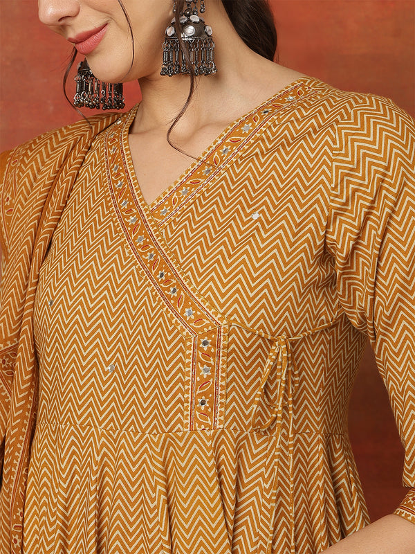 Kimayra Cotton Calf Length Printed 3/4 Sleeves V-Neck Anarkali Kurta Suit Set