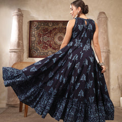 Kimayra Cotton Calf Length Printed Sleeveless Round Neck Flared Kurta