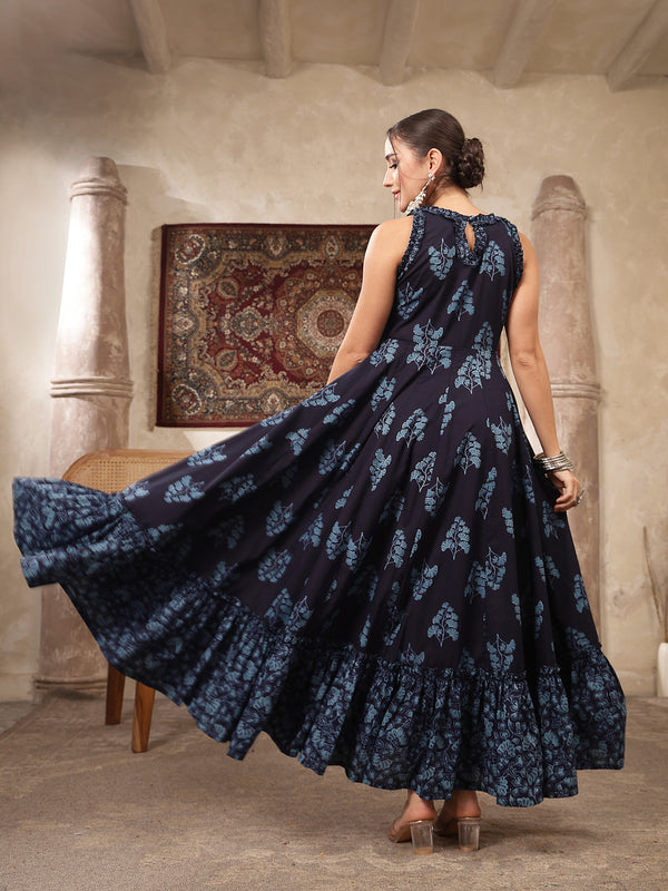 Kimayra Cotton Calf Length Printed Sleeveless Round Neck Flared Kurta