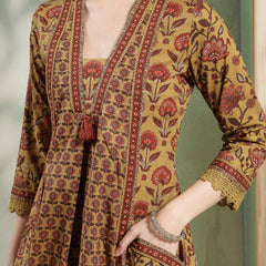Kimayra Cotton Calf Length Printed 3/4 Sleeve V-Neck Flared Kurta Suit Set