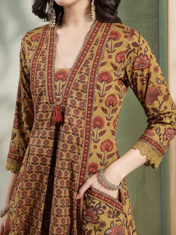 Kimayra Cotton Calf Length Printed 3/4 Sleeve V-Neck Flared Kurta Suit Set
