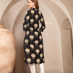Kimayra Cotton Calf Length Printed 3/4 Sleeve V-Neck Straight Kurta