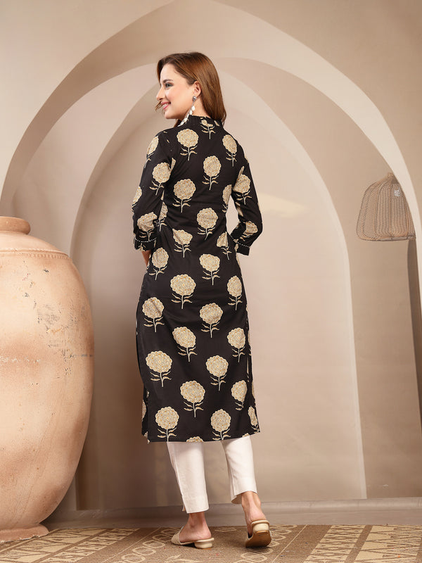 Kimayra Cotton Calf Length Printed 3/4 Sleeve V-Neck Straight Kurta