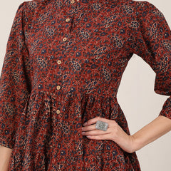 Kimayra Cotton Hip Length Printed 3/4 Sleeve Mandarin Collar Flared Kurta Suit Set