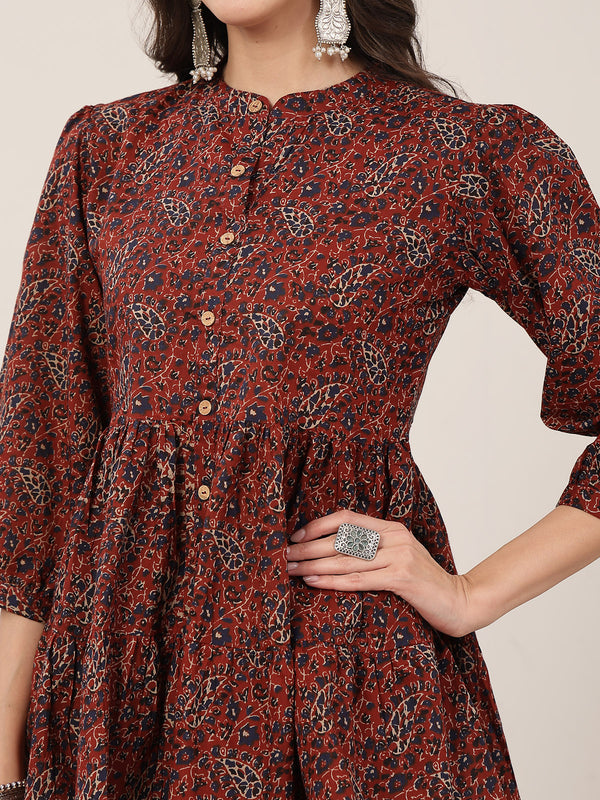 Kimayra Cotton Hip Length Printed 3/4 Sleeve Mandarin Collar Flared Kurta Suit Set