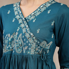 Kimayra Rayon Calf Length Solid 3/4 Sleeve Angrakha Flared Kurta Suit Set