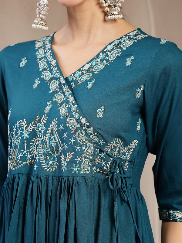 Kimayra Rayon Calf Length Solid 3/4 Sleeve Angrakha Flared Kurta Suit Set
