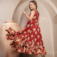 Kimayra Cotton Calf Length Printed Sleeveless Round Neck Flared Dress