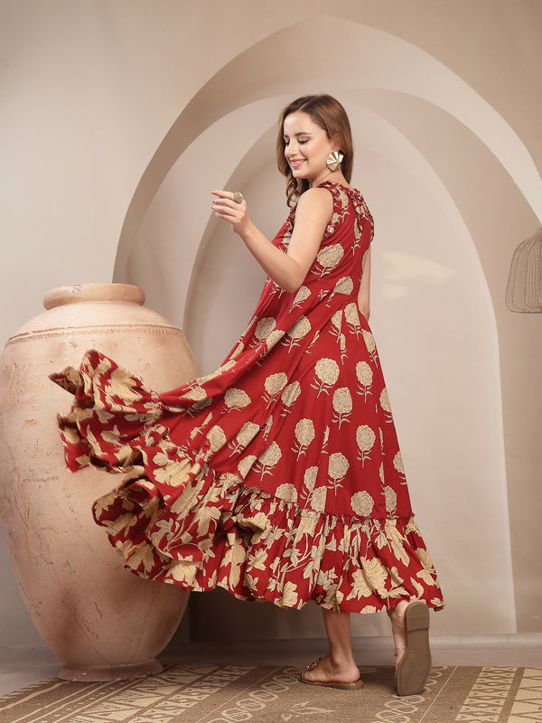 Kimayra Cotton Calf Length Printed Sleeveless Round Neck Flared Dress