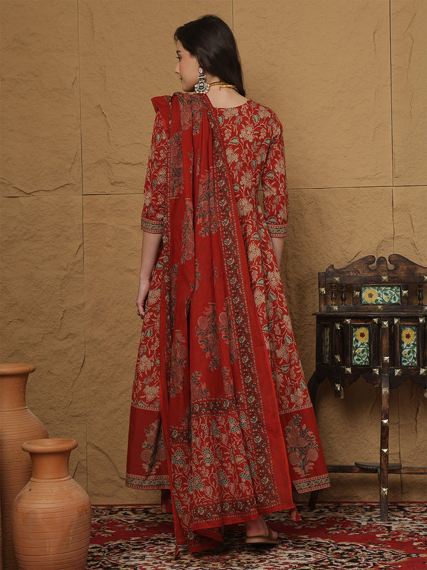Kimayra Cotton Calf Length Printed 3/4 Sleeves Round Neck Anarkali Kurta Suit Set