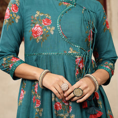 Kimayra Cotton Calf Length Printed 3/4 Sleeve Round Neck Flared Kurta Suit Set