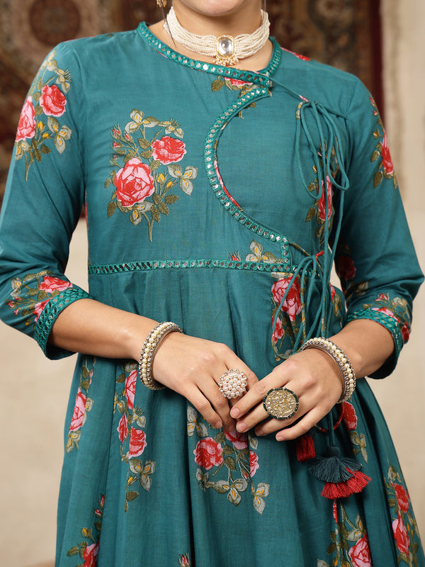 Kimayra Cotton Calf Length Printed 3/4 Sleeve Round Neck Flared Kurta Suit Set