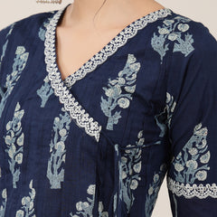 Kimayra Cotton Calf Length Printed 3/4 Sleeve V-Neck Flared Kurta Suit Set