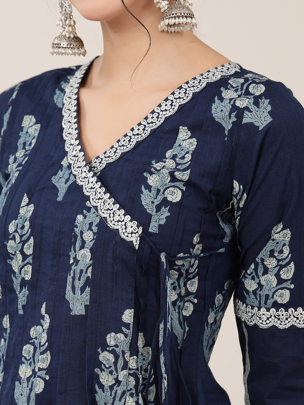 Kimayra Cotton Calf Length Printed 3/4 Sleeve V-Neck Flared Kurta Suit Set