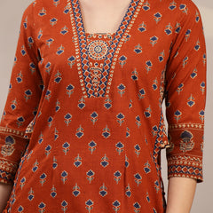Kimayra Cotton Calf Length Printed 3/4 Sleeve V-Neck A-Line Kurta Suit Set