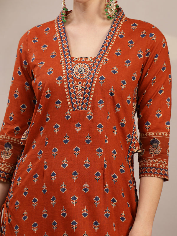 Kimayra Cotton Calf Length Printed 3/4 Sleeve V-Neck A-Line Kurta Suit Set