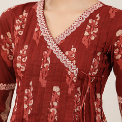 Kimayra Cotton Calf Length Printed 3/4 Sleeve V-Neck Flared Kurta Suit Set