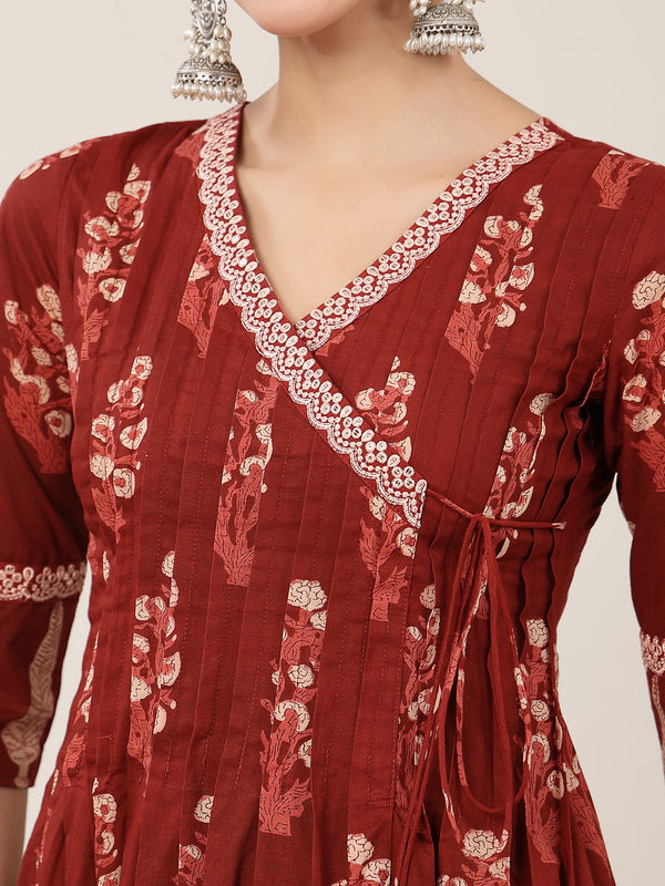 Kimayra Cotton Calf Length Printed 3/4 Sleeve V-Neck Flared Kurta Suit Set