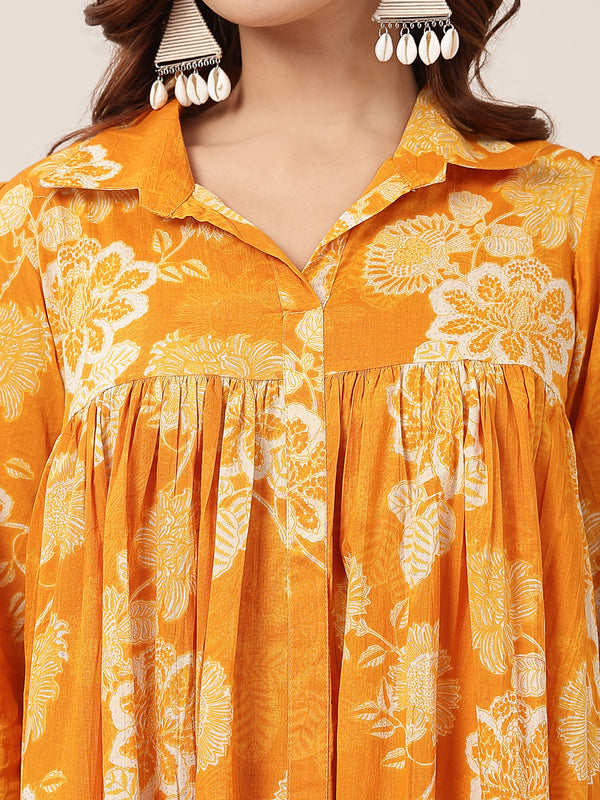 Kimayra Cotton Knee Length Printed 3/4 Sleeve Shirt Collar Flared Dress