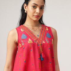 Kimayra Cotton Mid Length Printed Sleeveless V-Neck Flared Dress