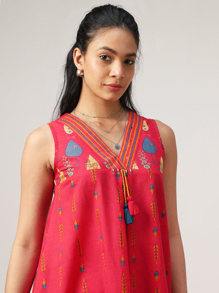 Kimayra Cotton Mid Length Printed Sleeveless V-Neck Flared Dress