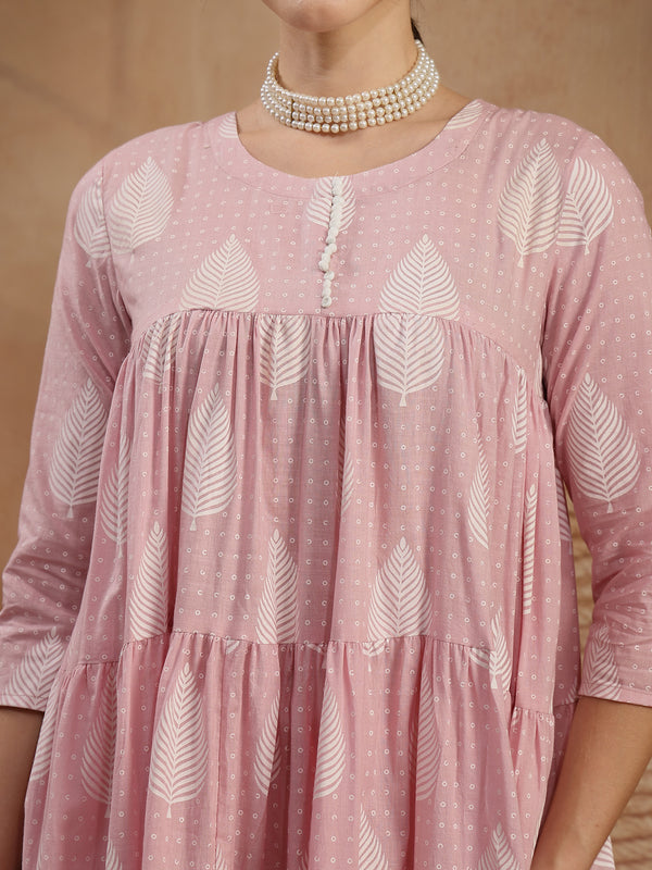 Kimayra Cotton Calf Length Printed 3/4 Sleeve Round Neck Flared Kurta Suit Set