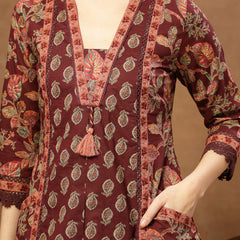 Kimayra Cotton Calf Length Printed 3/4 Sleeve V-Neck Flared Kurta Suit Set
