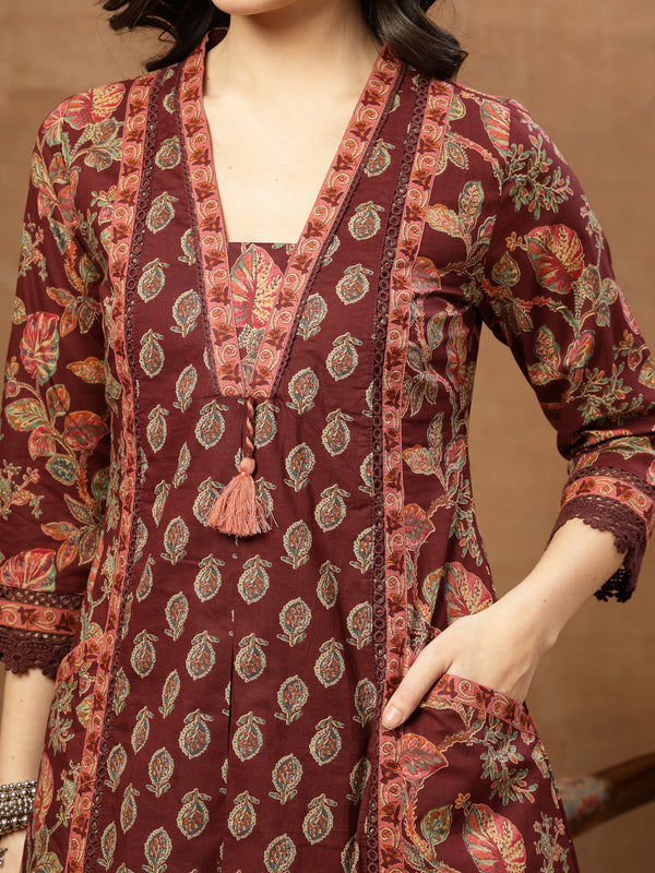 Kimayra Cotton Calf Length Printed 3/4 Sleeve V-Neck Flared Kurta Suit Set