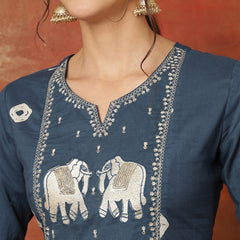 Kimayra Rayon Calf Length Printed 3/4 Sleeves Round Neck Semi-Flared Kurta Suit Set