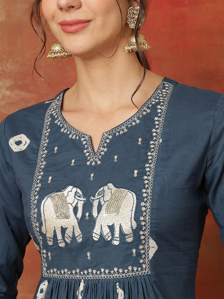 Kimayra Rayon Calf Length Printed 3/4 Sleeves Round Neck Semi-Flared Kurta Suit Set