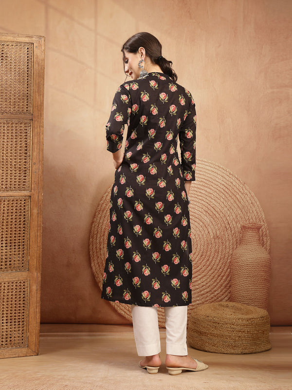 Kimayra Rayon Calf Length Printed 3/4 Sleeve Key Hole Neck Straight Kurta