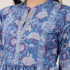 Kimayra  Hip Length Printed 3/4 Sleeve Mandarin Collar Flared Top
