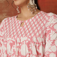 Kimayra Cotton Ankle  Length Printed 3/4 Sleeves Round Neck Full Flared Kurta Suit Set
