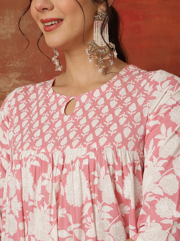 Kimayra Cotton Ankle  Length Printed 3/4 Sleeves Round Neck Full Flared Kurta Suit Set