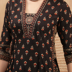 Kimayra Cotton Calf Length Printed 3/4 Sleeve V-Neck A-Line Kurta Suit Set