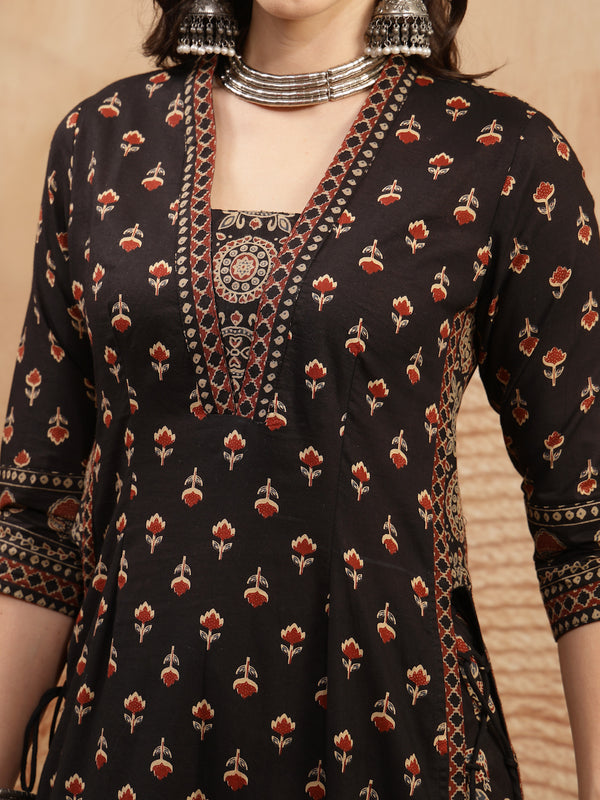 Kimayra Cotton Calf Length Printed 3/4 Sleeve V-Neck A-Line Kurta Suit Set