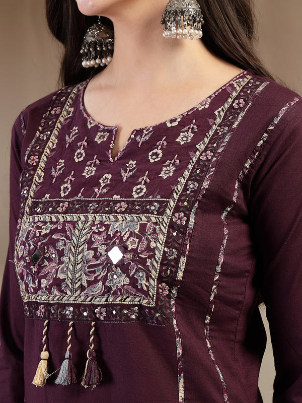 Kimayra Cotton Calf Length Solid 3/4 Sleeve Round Neck Straight Kurta Suit Set