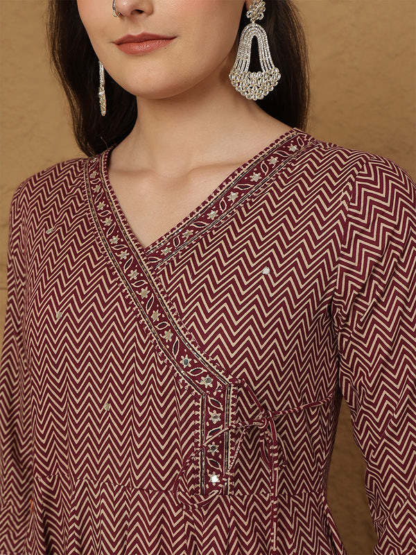 Kimayra Cotton Calf Length Printed 3/4 Sleeves V-Neck Anarkali Kurta Suit Set
